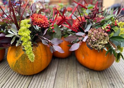 Halloween flower arrangements in pumpkins